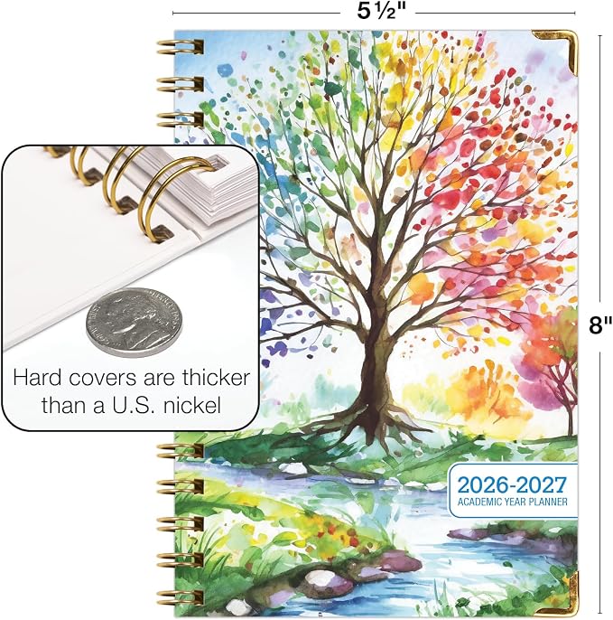 HARDCOVER Academic Year 2026-2027 Planner: 14 Months (May 2026 Through June 2027) 5.5"x 8" Daily Weekly Monthly Planner Yearly Agenda. Bookmark, Pocket Folder and Sticky Note Set (Tree Seasons)