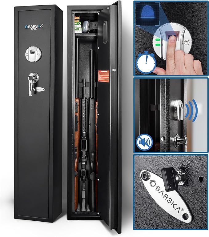 Barska Biometric Rifle Gun Safe – Quick Access Fingerprint Long Gun Safe for Home, DOJ Approved, Silent Mode, Removable Shelf, Backup Keys & Battery
