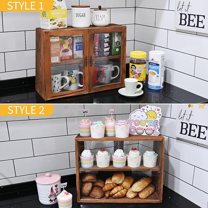 MOOCA Wood Glass Display Case with Double Doors, 2-Level Shelf, Brown | Brown wood-and-glass case with double doors and adjustable 2-level shelves displays collectibles, jewelry, or pastries.