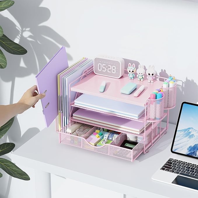 gianotter Wood Desk Organizers and Accessories with File Holder, 4-Tier Desk Accessories & Workspace Organizers with Drawer and 2 Pen Holder, Desk Reference Organizer (Pink, 4T with Metal Drawer)