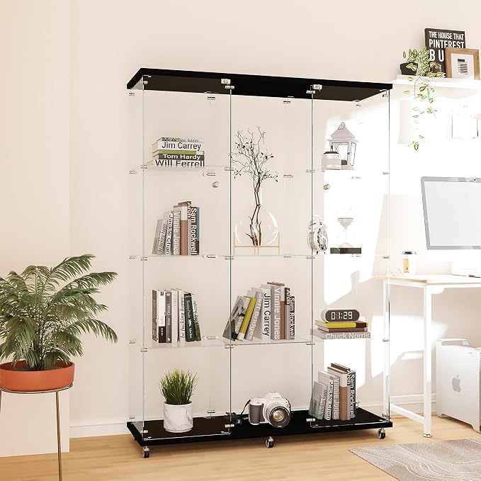 FLYMUHJIA Curio Cabinets with Glass Doors Modern Glass Shelves Tempered Glass Display Cabinet with Lock Figure Display Case (4-Shelf 3-Door, Black)