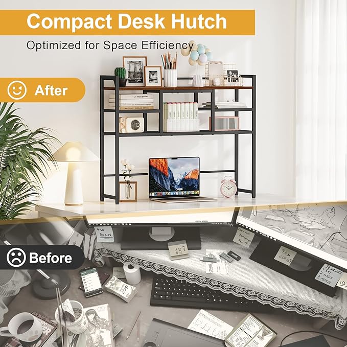 Snughome Desk Shelf, 38.6" Desktop Bookshelf, Desk Hutch Dorm, Countertop Storage Hutch with 5 Shelves for Computer Desk, Multipurpose Wood Desktop Display Organizer Rack for Home Office Dorm