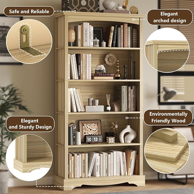 TVU 5-Tier Wooden Bookshelf, 65 Inch Tall Bookshelf with Storage, Floor Standing Modern Style Display Bookcase for Living Room, Office, Study Room, Entryway, Natural Wood Color
