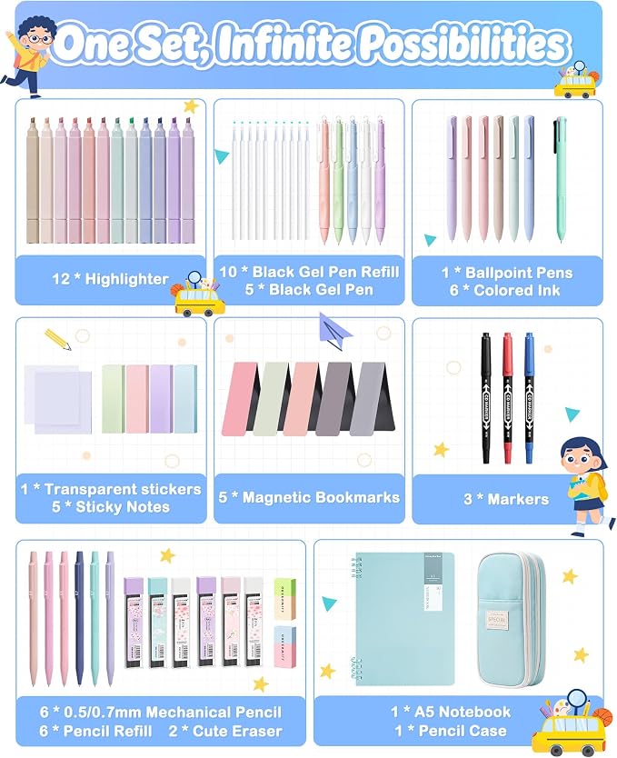 63PCS Aesthetic School Supplies with Cute Pencil Case,Stationary Set
