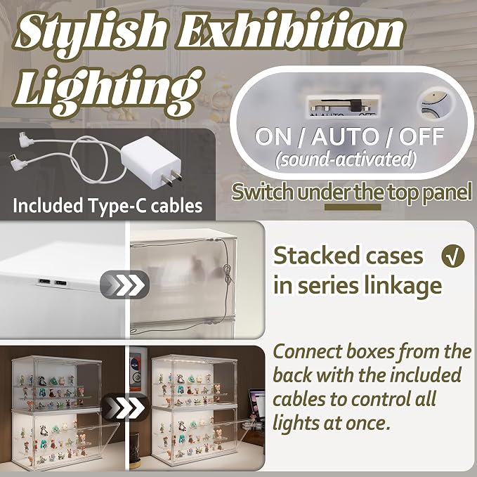 Clear Display Case for Collectibles, 3-Tier Adjustable Figure Display Case with LED Light, Stackable Acrylic Showcase with Magnetic Door for Jewelry,Collectibles (White, 2 Pack-17.4" H)