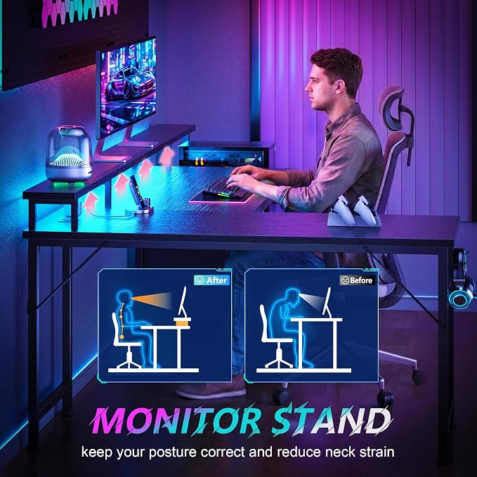 Korfile 66'' L Shaped Gaming Desk with Drawers and Storage Shelves, Reversible Corner Desk with Power Outlets and Host Stand, Large Computer Desk with Led Lights for Gaming, Work, Home Office, Black | Large Black Computer Desk with Host Stand, Reversib...