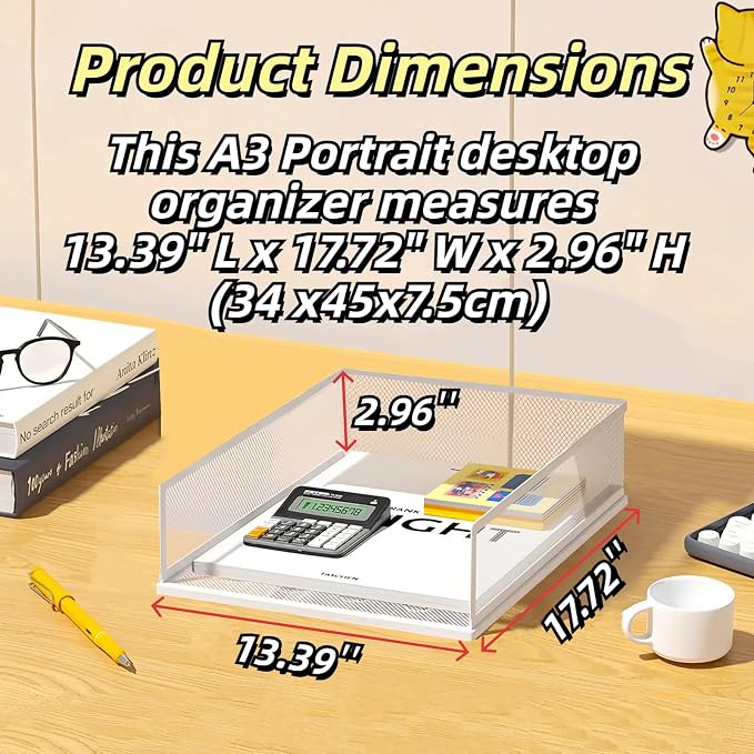 A3 Mesh Desk File Organizer, Stackable Paper Tray，Desktop Document Sorter, File Storage, 3/4/5-Tier Paper Letter Tray Organizer, Desk Accessories & Workspace, Black (4 Tier-Portrait-White)