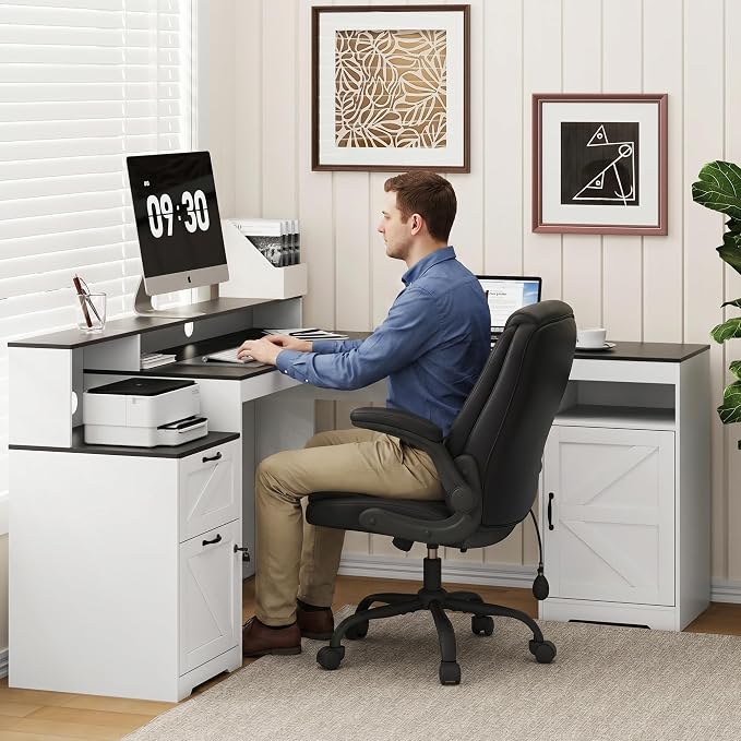 MALOL 63" Farmhouse L Shaped Executive Desk, Corner Computer Desk with Drawers & Storage Shelf, Home Office Desk with Power Outlet, Monitor Stand, Wood Grain Desktop, Black & Rustic Brown