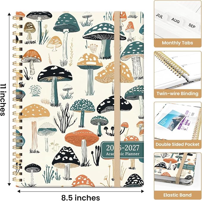Taja Planner 2026-2027, Jul 2026-Jun 2027 Monthly & Weekly Calendar Planner | 8.5" x 11", Hardcover Academic Calendar, Teacher Student Agenda Book with Tabs, School Office Supplies, Mushrooms Grove