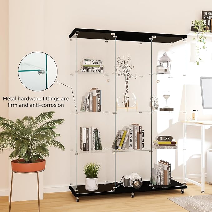 FLYMUHJIA Curio Cabinets with Glass Doors Modern Glass Shelves Tempered Glass Display Cabinet with Lock Figure Display Case (4-Shelf 3-Door, Black)