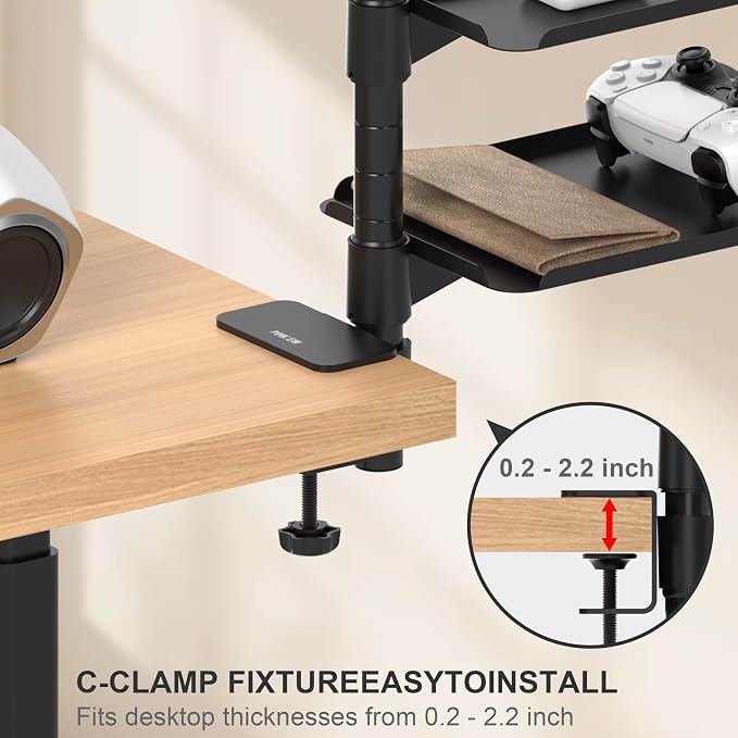 3 Tier Metal Clamp On Desk Shelf - 360° Rotatable Above/Under Table Storage, Adjustable Desktop Organizer for Home Office & Gaming, Storage Tray for Devices & Accessories