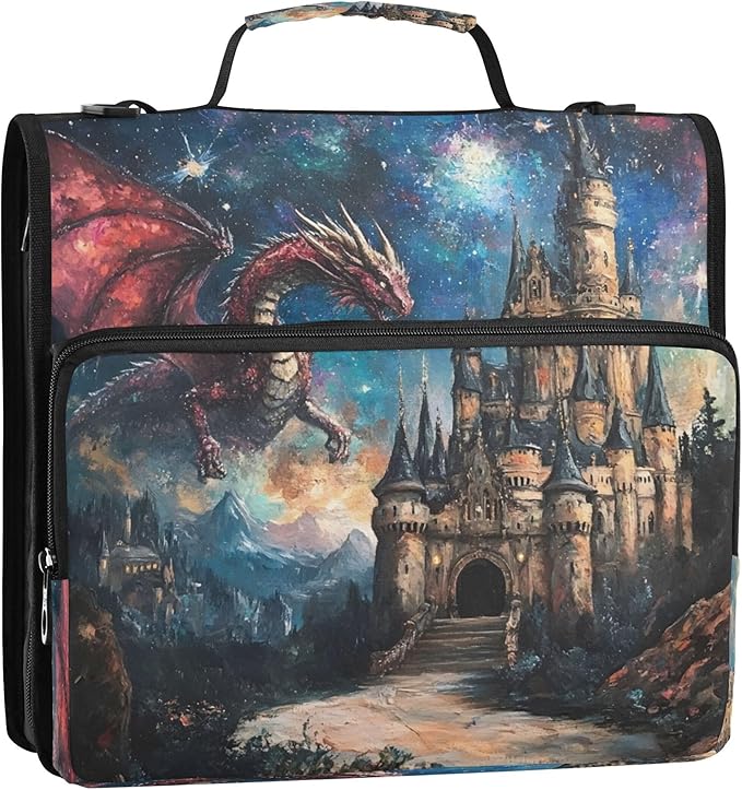 3 Ring Zipper Binder Dragon Castle Binder Organizer Portfolio with File and Shoulder Strap & Handle Large Capacity File Folder