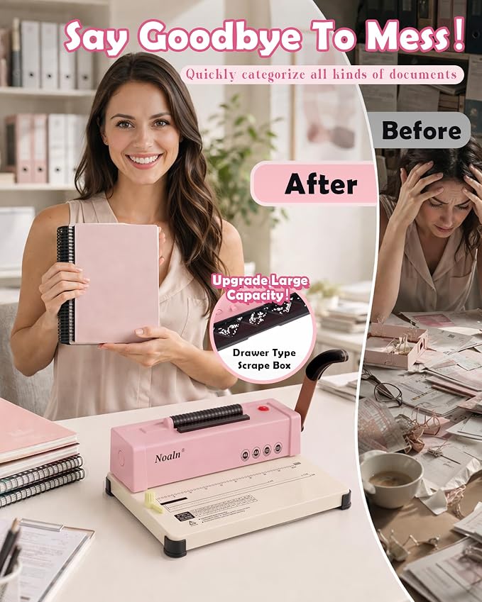 46-Hole Binding Machine Spiral Coil Binder Classic Pink,DIY Book Binder Kits with Electric Coil Inserter,100pcs Comb Binding Spines,for Letter Size/A4/A5 School Office Home
