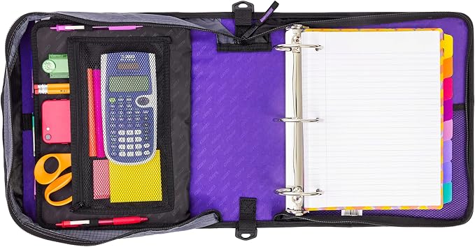 Case-it School Zipper Binder | 3" O-Rings | 600-Sheet | D-146 Purple Haze | Mighty Zip Tab, 5-Subject Expanding File Folder, Multiple Pockets, Storage Organizer, Shoulder Strap, Office
