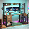 YITAHOME 59" Computer Desk with Hutch, Drawers, Power & LED, Rustic Brown | Hutch & Drawers, Built-in Power Outlets, Gaming Desk with LED Lights, Storage Shelves, for Home Office Gaming