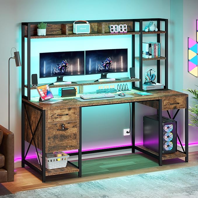 YITAHOME 59" Computer Desk with Hutch, Drawers, Power & LED, Rustic Brown | Hutch & Drawers, Built-in Power Outlets, Gaming Desk with LED Lights, Storage Shelves, for Home Office Gaming