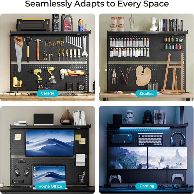 EUREKA ERGONOMIC Desk Pegboard Dual Monitor Stand 43x34 Black | Steel pegboard with dual monitor stands, privacy panel and 4 modular accessories for organized gaming and office setups
