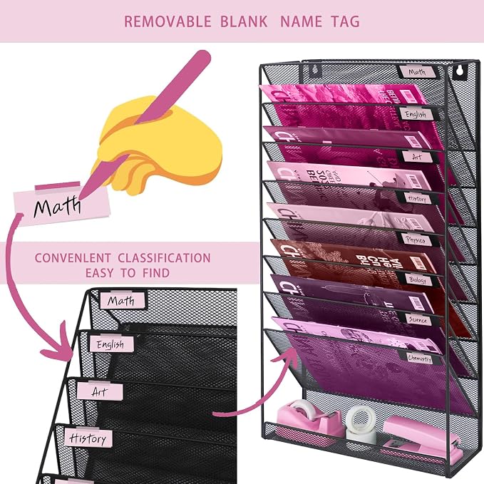 8 Pockets Mesh Wall File Holder Organizer with Bottom Flat Tray, Office Hanging File Folder Magazine Rack, Nametag Label Hooks Set Included, Black