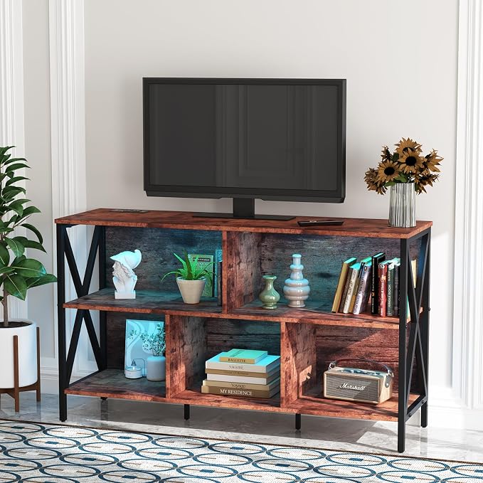 Adompacat 47" 5 Cube LED Bookshelf, Industrial Horizontal Storage Organizer, Wood Metal Low Wide Cubby Bookcase with LED Lights, Open Shelf for Living Room Bedroom Game Room(47 in, Brown)