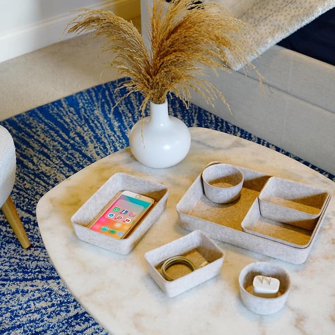 7pc Scandinavian Felt Desk Drawer Organizer Oatmeal Catchall Tray | Sustainable material soft yet sturdy,multi-purpose storage, sleek minimalist lifestyle
