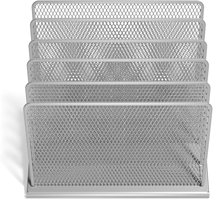 TRU RED Wire Mesh File Organizer, 5‑Compartment, Silver, 2‑Pack – Vertical Desktop Sorter for Files, Folders & Mail