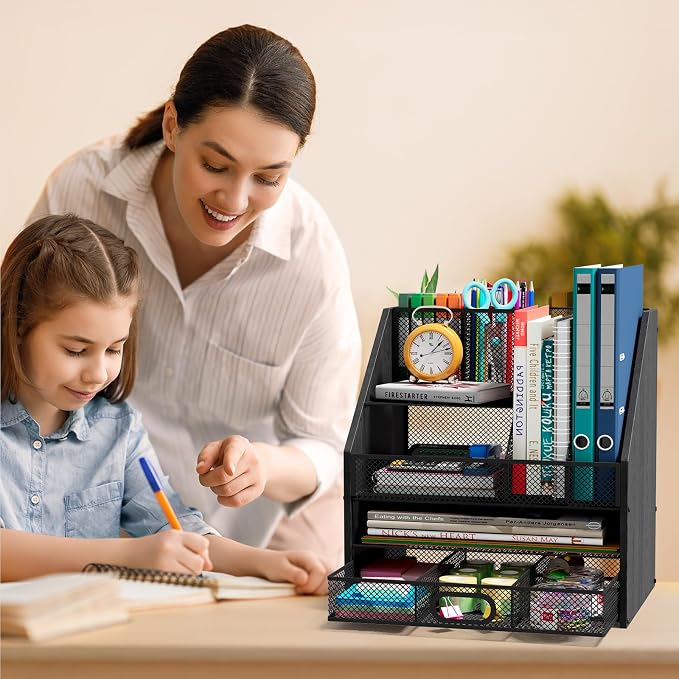 Wooden Desk Organizer - Mesh File Organizer with Drawers and Pen Holder - 4-Tier Vertical Paper Letter Storage Tray, Desktop Organizers and Accessories for Home Office (Black