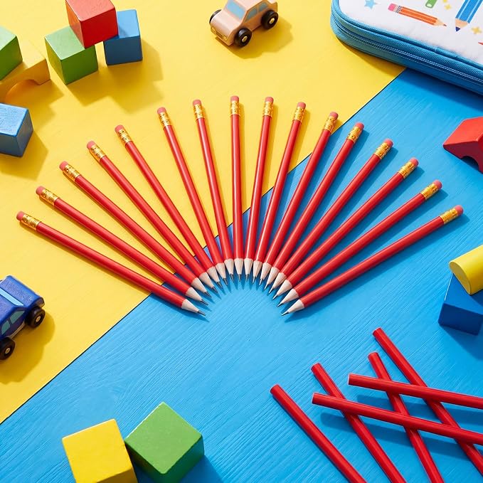 Outus 144 Pieces Round Pencils Cute HB Graphite Wood Pencils Bulk with Eraser for School Writing Drawing Sketching Wedding Office Supplies(Red)