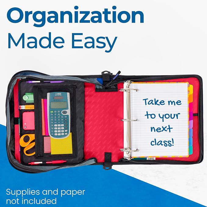 Case-it Zipper Binder | 3-Inch O-Rings | 600-Sheet | D-146 Fire Engine Red | Mighty Zip Tab, 5-Subject Expanding File Folder, Multiple Pockets, Storage Organizer, Shoulder Strap, School & Office
