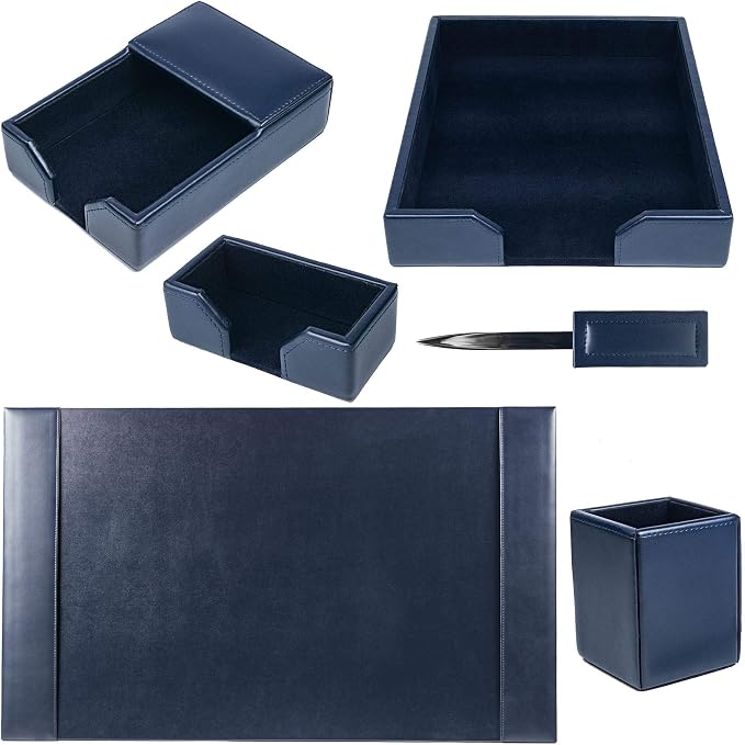 DACASSO Bonded Leather Desk Set - Luxury Leather Desk Pad & Desk Organization Essentials (Navy Blue, 6 Piece)
