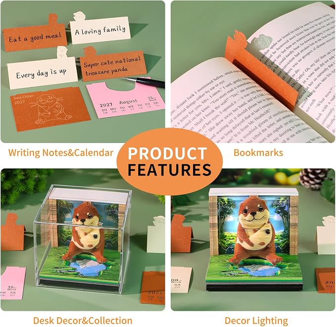 3D Time Piece Calendar, 2027 Desk Calendar With LED Light, 3d Tree Memo Pad Creative Desk Calendar, Christmas Gift for Colleague Friend, Desktop Decoration(Sea Otter)