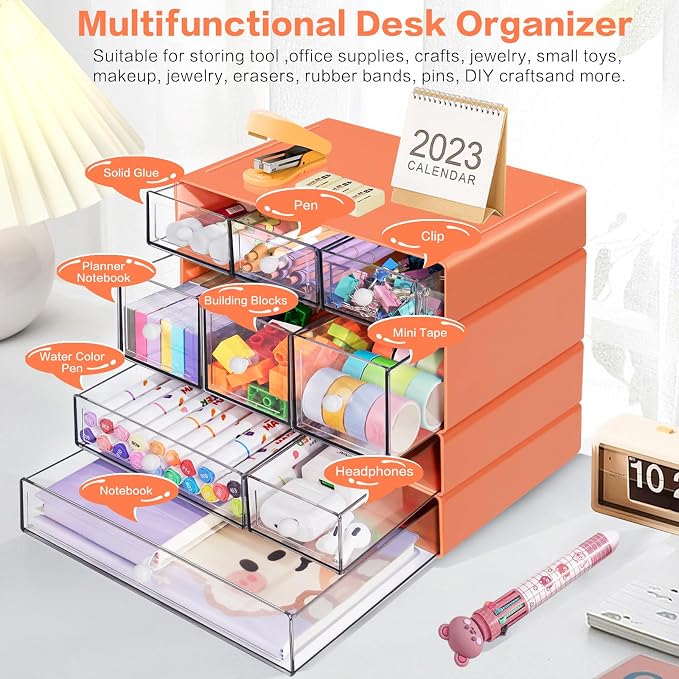 Desk Storage Organizer with 9 Drawers, 4 Tiers Stackable Desktop Craft Storage Drawers, Clear Storage Box Caddy for Stationary Makeup Jewelry Office Craft Supplies (Orange)
