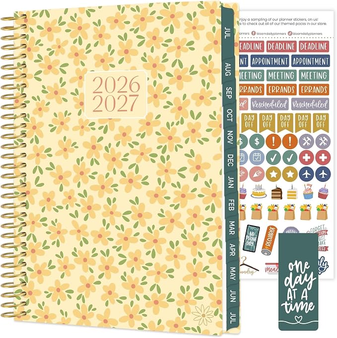 bloom daily planners 2026-2027 Planner - Academic Year (July 2026 - July 2027) Monthly & Weekly Soft Cover Planner for Women - 13 Month Agenda Book with Stickers - 5.5" x 8.25" - Butter Yellow Daisies
