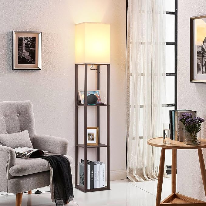 Floor Lamp with Shelves Touch Control Charging USB Type C Brown | 3-Tier Modern Square Bookshelf Lamp, Corner Standing Light with Power Outlet Dimmable LED for Living Room Bedroom Office