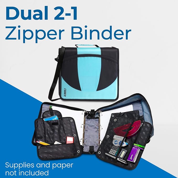 Case-it The Dual 2-in-1 Zipper Binder | Two 1.5-Inch D-Rings, 600 Sheet Capacity, Pencil Pouch & Multiple Pockets | School & Office Organizer with Shoulder Strap | Dual-101 Spearmint