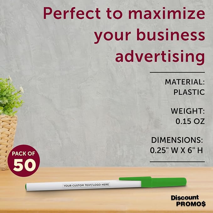 DISCOUNT PROMOS Custom Value Stick Pens Set of 50, Personalized Bulk Pack - Black Ink, Great for Office, School, Business, Tradeshows, Events - Green