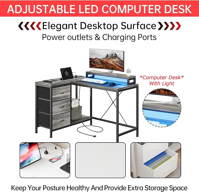 Hetoy L-Shaped Computer Desk with Charging Station – Corner Gaming Desk with LED Lights, Drawers & Storage Shelves for Home Office Use, Oak