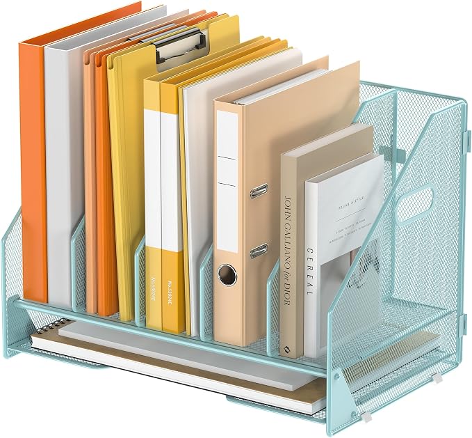 5 Vertical Mesh Desk Organizer with Paper Letter Tray, Blue | Sorting racks with lower letter tray section. Multipurpose mesh desktop space saver for home office and school