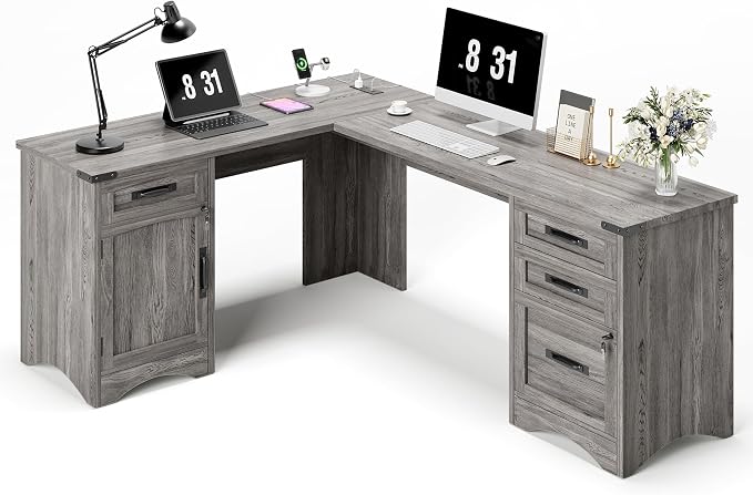 Decofy 67" Farmhouse L Shaped Standing Desk with Drawers Home Office Executive Desks with Fast Charging Station, Lockable File Cabinet, Wood Writing Computer Desk for Work, Study, Grey