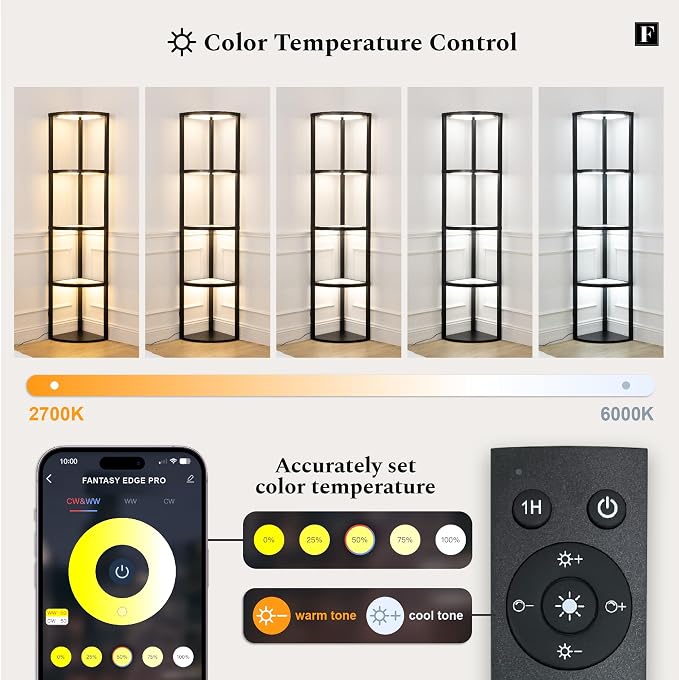 FENLO Corner Floor Lamp with Shelves, Dimmable LED Corner Shelf with Lights, Standing Lamp for Living Room, Shelf Lamp with Full Brightness Control, Color Changing Temps, and Reinforced Glass