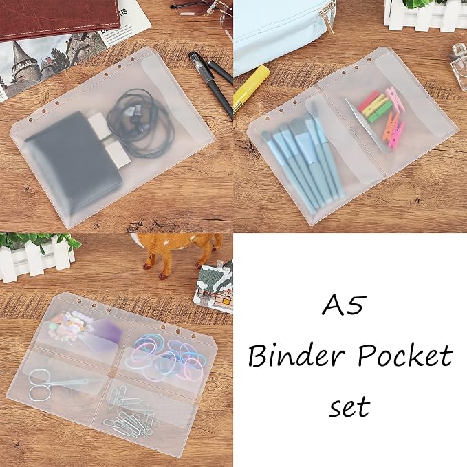 30pcs A5 Binder Pocket Set no Zipper Clear Budget Planner Inserts Bulk Budget Binder Organizer Cash Envelopes for Budgeting Waterproof PVC Loose Leaf Bags Card Sleeves for 6 Ring Notebook