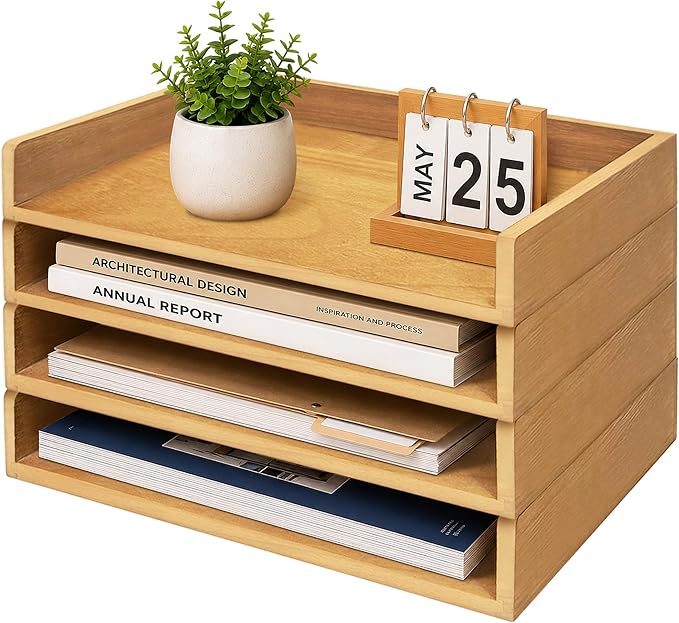 4 Pack Stackable Paper Tray, Wooden Paper Tray Organizer with Letter Tray, Paper Holder for Desk, Desktop File Storage Rack for Study, Home and Office (Oak)