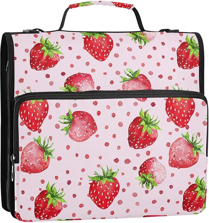 Strawberry Polka Dot Red Zipper Binder with Shoulder Strap Bag 3 Ring Binder Organizer Large Capacity Multiple Compartments for School Office