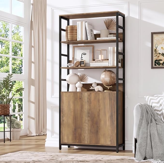 Garvee 71" Tall Bookshelf with Doors and Adjustable Shelf, Brown | Industrial Display Standing Shelf Rack with 3-Tier Shelves, Bookcase with Protective Rails for Living Room, Office