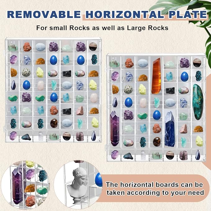 Cinnvoice Rock Display Case 20 Grids, Black Border, Square | Adjustable Acrylic Display Case, Crystal Organizer for Collectible, with Built-in Mirrored, Magnetic Door, Wall Mount