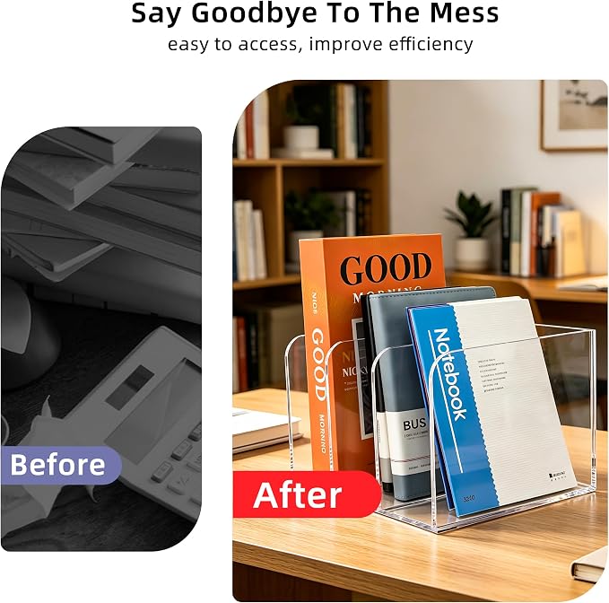 Clear Acrylic 3-Slot Magazine File Holder, Vertical Desk Organizer | 3 extra-wide compartments hold magazines, files, books, tablets. 5mm thick clear acrylic, non-slip base. No assembly.