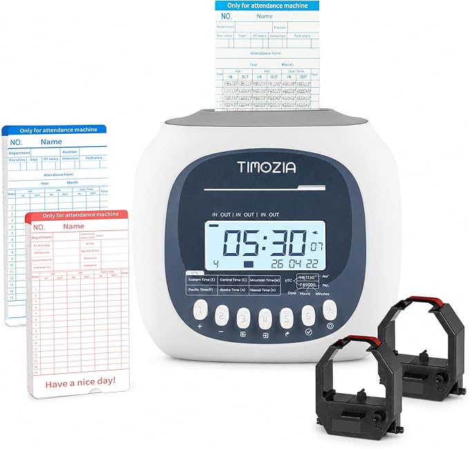 Time Clock for Employees Small Business, 6 U.S. Time Zones, Automatic Daylight Saving & Auto Time Update, Punch Card Time Recorder with 6 Punches Per Day-100 Time Cards and 2 Ribbons