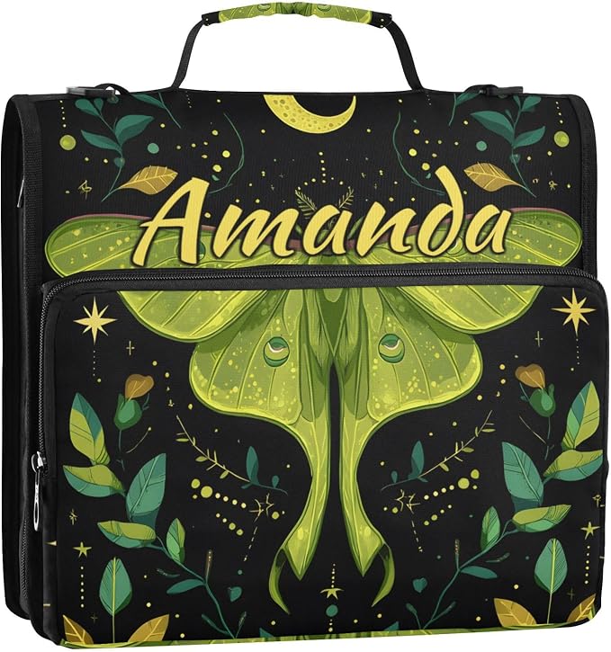 Custom 3 Ring Zipper Binder Mystical Green Moon Moth Boho Personalized Name 1.5 inch Binders Large Capacity Multi Pockets for School Office Supplies