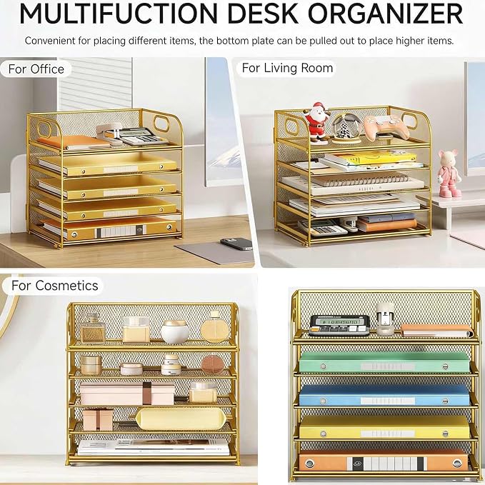 Lavatino Desk Paper Organizer Trays, Gold 5-Tier Mesh File Folder Sorter with Handles, Letter Holder Organizer for Office, Home, School Supplies Storage & Organization