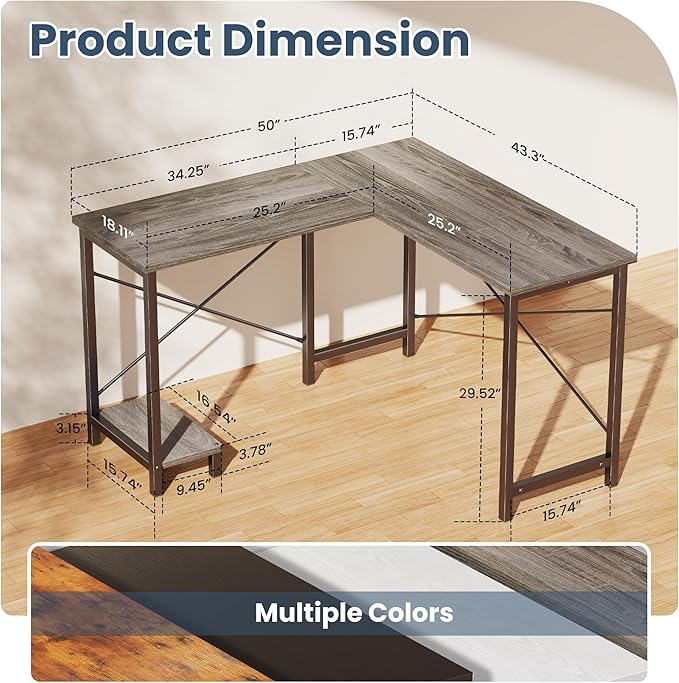DUMOS 50-Inch Reversible L Shaped Desk with CPU Shelf, Grey | Computer Desk with Sturdy Metal Frame, Corner Gaming Desk, Home Office Desk for Study, Writing and Work, Sturdy Modern Design