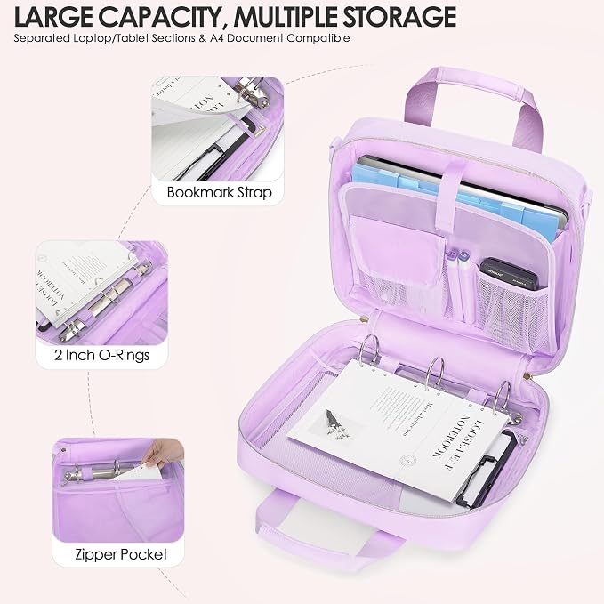 3 Ring Zipper Binder, 2 Inch Ring Binder Organizer Bag with Strap | Binder Bag Fits 13" Laptop & 500 Sheets, Detachable Shoulder Strap, Large Capacity Zip Up Portfolio Folder Bag for Office